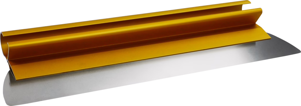 Pajarito_Dummy_Surface spatula PAJAQUICK Gold_013690_013435_013437_013439_013377_013434_013436_013438_013440_013689_2021-03 Une spatule en métal avec une poignée jaune et une lame en acier inoxydable brillante.