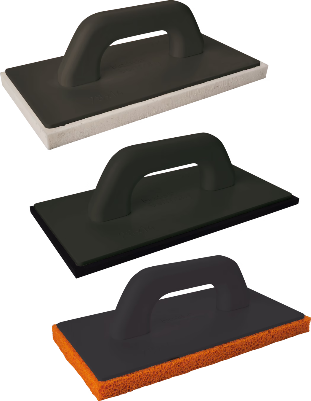 Product photograph of three rectangular hand floats arranged vertically on a white background. Each float features a matte black ergonomic plastic handle mounted on a flat black top plate; the bases differ in material and color: the top float has a dense off-white sponge pad, the middle float has a thin black rubber or foam base, and the bottom float has a bright orange porous sponge pad. Clear studio lighting, soft shadows, and visible texture on the sponge edges emphasize the tools’ materials and intended use for smoothing grout, plaster or concrete.