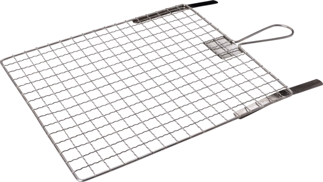 Un grill métallique rectangulaire avec un design en treillis, doté d'une poignée d'un côté. La structure en maillage permet une cuisson uniforme et une ventilation, le rendant idéal pour griller des aliments. Les bords sont lisses et le grill semble solide et durable, parfait pour les barbecues en extérieur ou les grillades à l'intérieur.