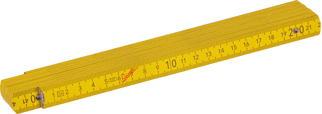 Une règle pliante jaune affichée horizontalement. La règle est marquée avec des mesures métriques, allant de 0 à 200 centimètres, avec des marquages et des indicateurs numériques clairs. Le design illustre une construction robuste typique des outils d'ingénierie.