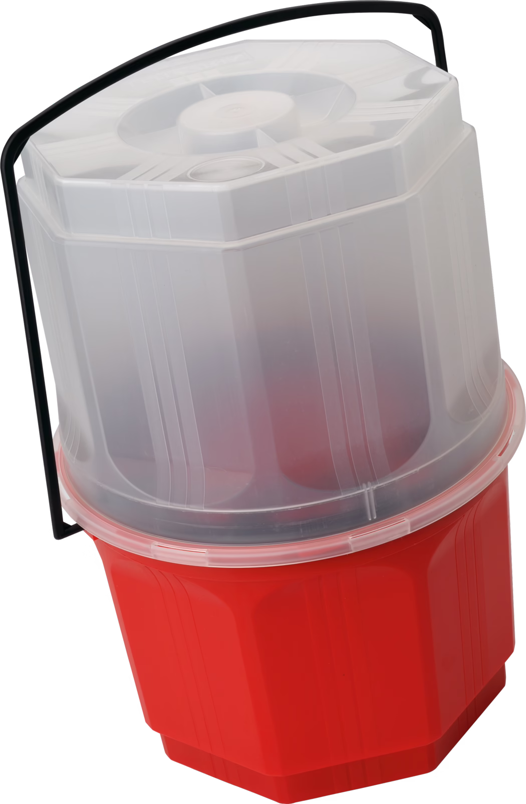 Pajarito_Dummy_Professional brush pot_034770_ 2021-02 Un conteneur multi-compartiment avec une base rouge et un couvercle transparent, conçu pour le stockage. Le conteneur a une forme octogonale avec une poignée saillante pour un transport facile. Il dispose de plusieurs sections séparées à l'intérieur, ce qui le rend adapté à l'organisation de divers objets tels que la peinture, la nourriture ou les matériaux d'art.