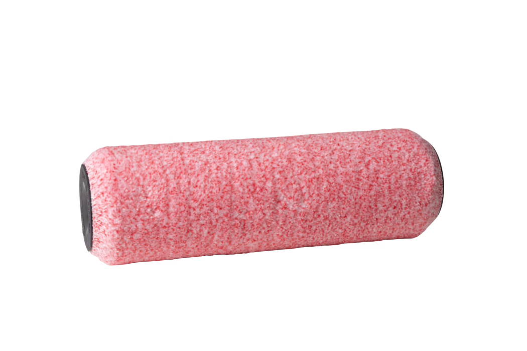 Pajarito_Dummy_Micromix Performance Line_168932_169068_168933_2021-11 Un rouleau à peinture rose avec une texture duveteuse, conçu pour peindre des surfaces. Le rouleau possède un capuchon noir pour une manipulation facile et une surface douce et texturée pour une application uniforme de la peinture.