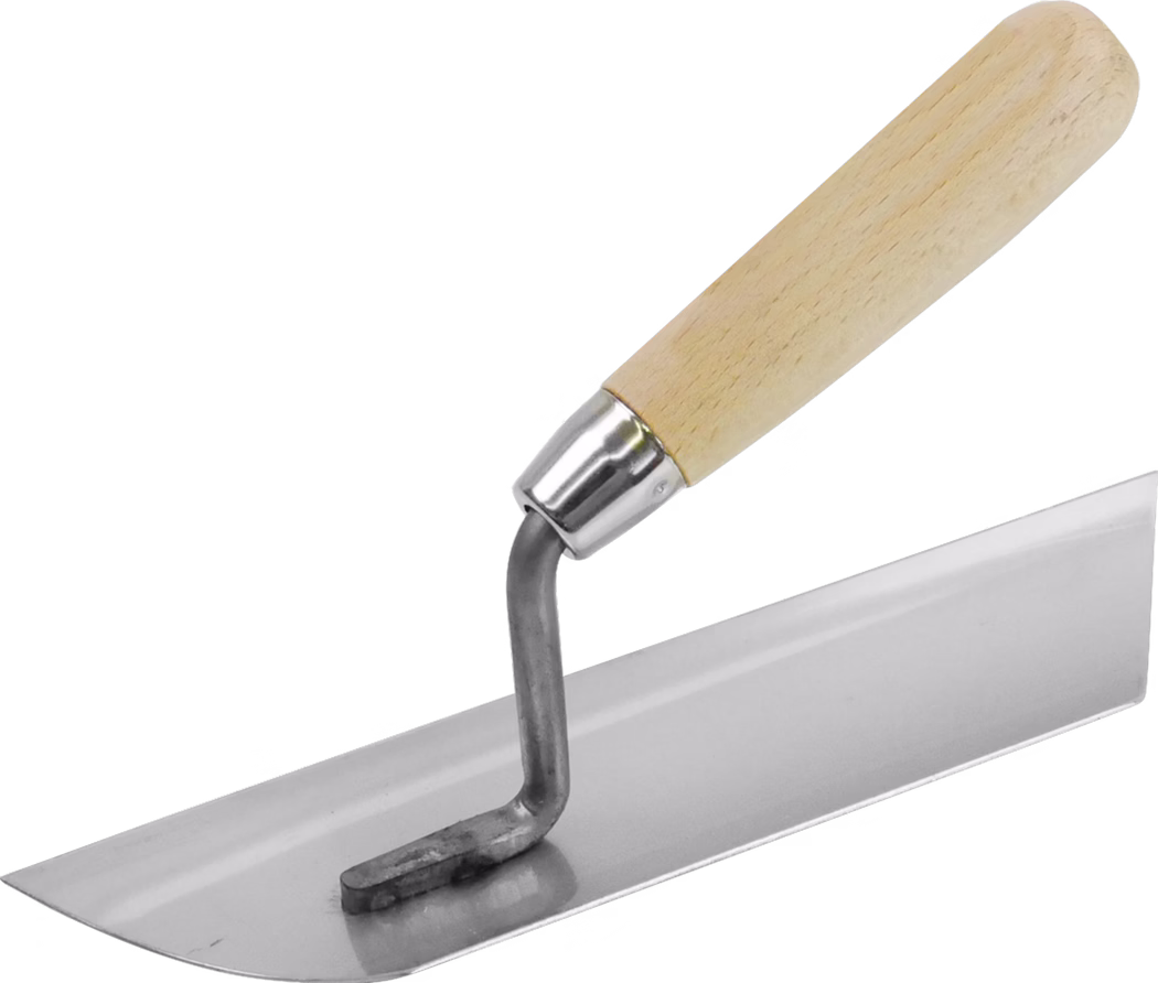 Une taloche rectangulaire de finition avec une lame en acier inoxydable lisse et une poignée en bois arrondie, reliées par une tige métallique coudée ; utilisée pour lisser l'enduit, le mortier ou les surfaces en béton.