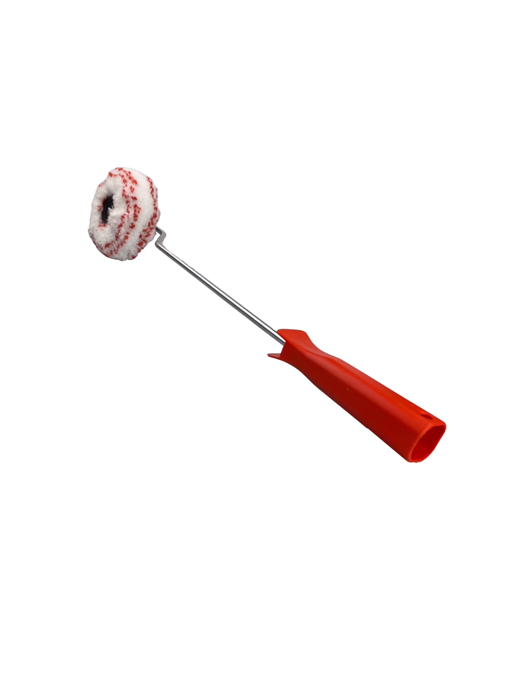 Un rouleau à peindre avec une tête de rouleau rayée blanche et rouge attachée à un manche en métal argenté. Le rouleau est conçu pour peindre des surfaces et est tenu par une poignée en plastique rouge. L'image globale a un fond blanc, ce qui fait ressortir le rouleau.