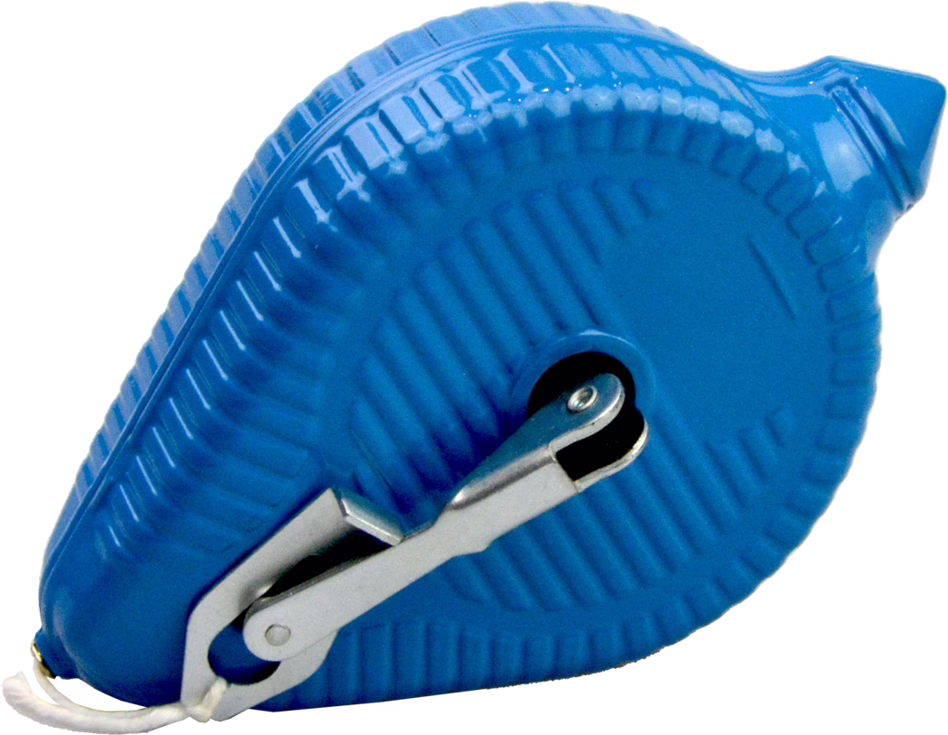 Un mètre ruban bleu, généralement utilisé dans la construction et la couture, montrant une surface lisse et brillante. Le ruban a un design compact et arrondi avec un clip en métal pour le sécuriser lorsqu'il n'est pas utilisé. Il dispose d'une prise texturée pour une manipulation facile et présente une légère courbure à une extrémité.