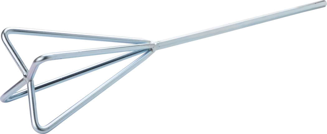 Pajarito_Dummy_Star stirrer_034781_2021-02 Un outil de mélange en métal, communément appelé fouet, conçu avec trois boucles de fil qui forment une forme triangulaire. La poignée est longue et offre une bonne prise, ce qui le rend adapté pour mélanger, fouetter et aérer les ingrédients. La finition argentée brillante suggère qu'il est en acier inoxydable, garantissant durabilité et facilité de nettoyage. Cet outil est essentiel dans les cuisines professionnelles et la cuisine à domicile pour des tâches telles que battre des œufs ou émulsionner des sauces.